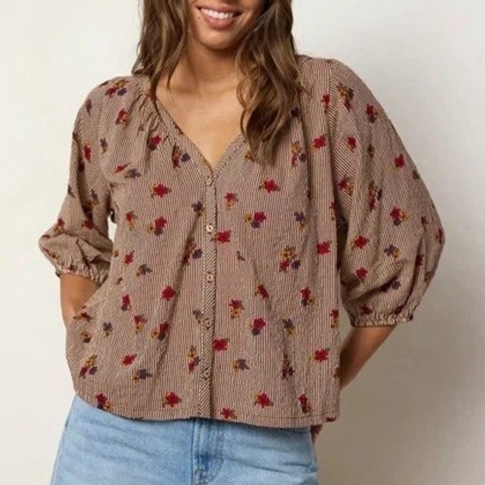 NEW Natural Life Abby Blouse Womens M Ditsy Garden Stripe Relaxed Boho Cottage